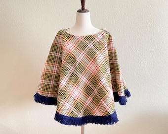 Vintage 1960s Plaid Poncho with Blue Fringe Trim