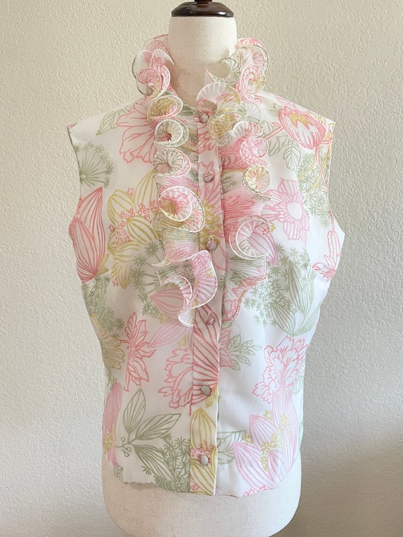 Vintage 1960s Floral Print Sleeveless Top with Ru… - image 2