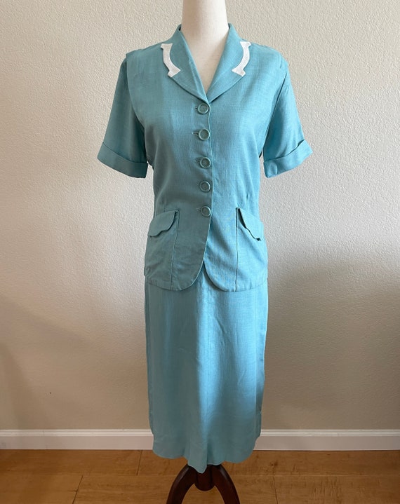 Vintage 1940s Teal Cotton Skirt Suit with Short Sl