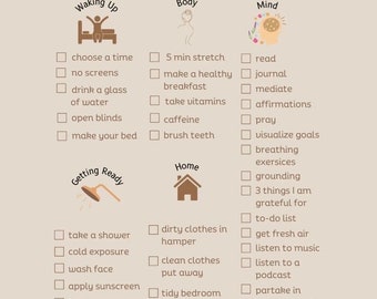 Op de afbeelding: Een checklist met een lichtbruine achtergrond en een perzikkleurige titelbalk. De titel is "Morning Routine Checklist: Student Edition". De checklist is verdeeld in drie secties: "Waking Up", "Body" en "Mind". Elke sectie heeft een lijst met activiteiten om 's morgens te doen. De checklist is ontworpen om studenten te helpen een ochtendroutine te creëren waaraan ze zich kunnen houden.
