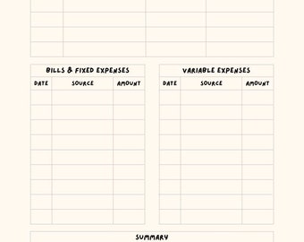May include: A printable monthly budget tracker with sections for income, bills and fixed expenses, variable expenses, and a summary. The tracker includes columns for date, source, category, and amount.
