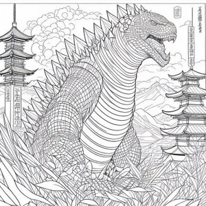 Giant Monster Zilla Coloring Book 5 Pages coloring book fantasy Kaiju coloring book Stress relief coloring Printable coloring pages