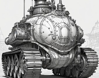 Libro para colorear de tanque monstruo steampunk, 5 páginas (descarga digital)