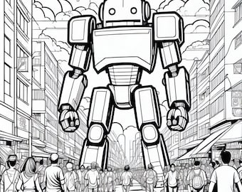 Libro para colorear de la invasión de robots gigantes, arte fantástico (5 páginas)