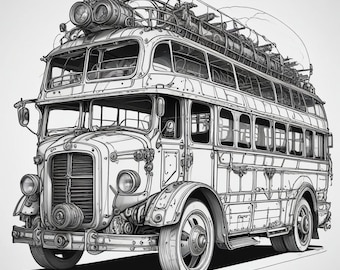 Libro para colorear de autobús monstruo steampunk, tanque de fantasía (5 páginas)