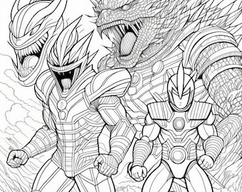 Libro para colorear de monstruos gigantes Kaiju, arte fantástico (5 páginas)