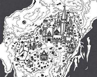 Mapa de un mundo de fantasía para colorear (5 páginas) Libro para colorear para adultos y niños