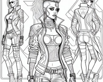 Libro para colorear de superheroína cyberpunk de 5 páginas, libro para colorear de fantasía para adultos.