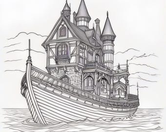 Castillo en un barco para colorear (5 páginas) Libro para colorear para adultos
