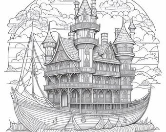 Castillo en un barco para colorear (5 páginas) Libro para colorear para adultos