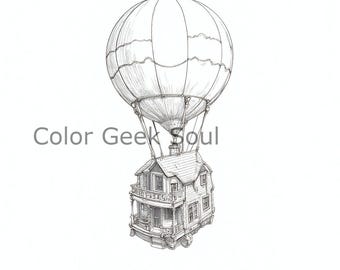 Casa en un globo aerostático para colorear (5 páginas) Libro para colorear para adultos Páginas para colorear para niños