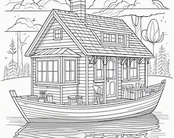 Libro para colorear de una pequeña casa flotante, libro de fantasía para adultos (5 páginas)