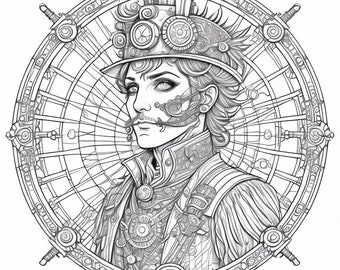 Libro para colorear Steampunk Man, Mundo de máquinas fantásticas (5 páginas) (Descarga digital)