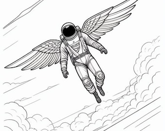 Libro para colorear de ángeles astronautas, páginas de astronautas de fantasía (descarga digital)