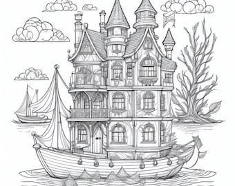 Castillo en un barco para colorear (5 páginas) Libro para colorear para adultos