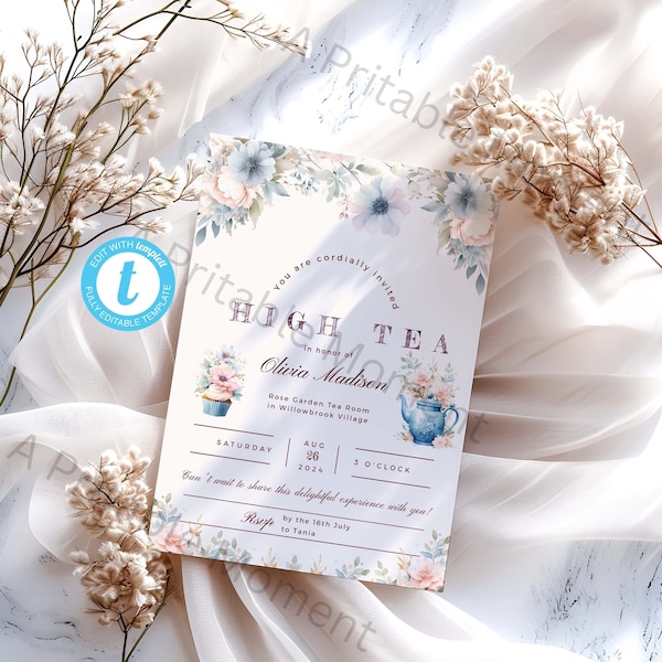 Charming High Tea Floral Invitation, DIY Tea Party Invite Template, Edit with TEMPLETT - Customizable, HT-001