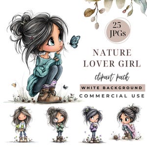 Puede incluir: Un conjunto de ilustraciones digitales titulado NATURE LOVER GIRL clipart pack que incluye 25 archivos JPG. La imagen principal muestra a una niña con el pelo oscuro recogido en un moño, vistiendo un suéter azul verdoso y botas marrones, observando una mariposa azul. Cuatro ilustraciones pequeñas muestran a la niña con manzanas, una lupa, flores y un caracol.
