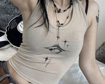 Devilish Eyes” dames tanktop in retro Y2K-stijl, slim fit, mouwloze crop top met grafische print