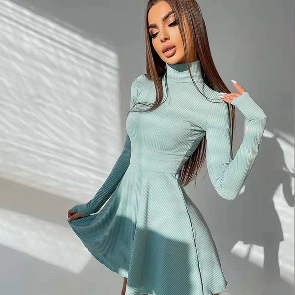 Excuse Me Miss” Elegant Long Sleeve Turtleneck Mini Dress, Casual Knitted Pleated Mini Dress