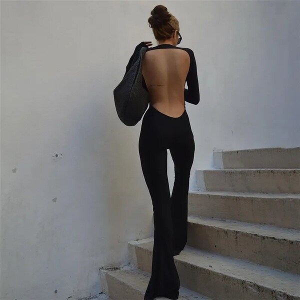 Sight To See" Women’s Sexy Backless One Piece Jumpsuit, Women’s Black Casual Flare Pants, Women’s Fitted One Piece Bodysuit Outfit Set