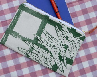 Fern leaf print big pouch screenprinted cotton clutch purse