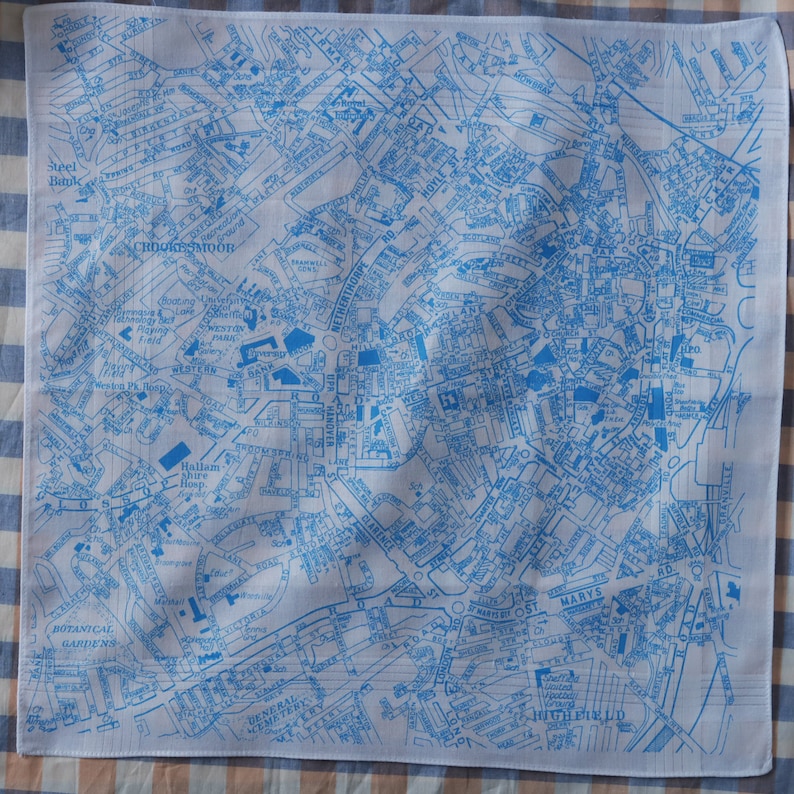 Sheffield Hankie screen printed vintage map handkerchief Blue