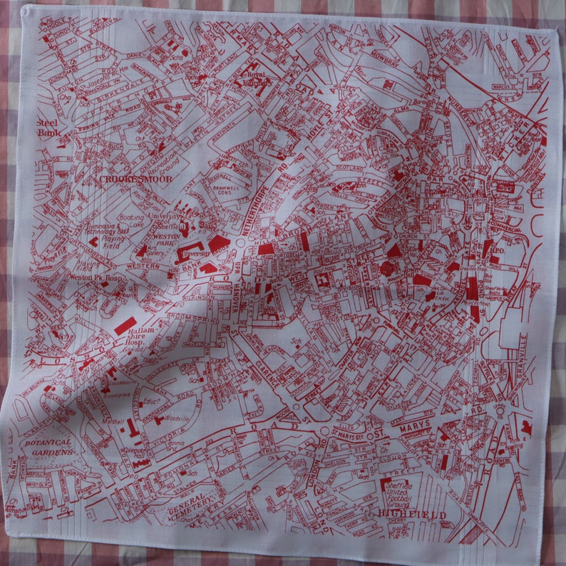 Sheffield Hankie screen printed vintage map handkerchief Red