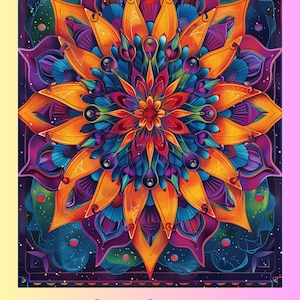 Könnte beinhalten: Ein farbenfrohes Mandala-Design mit einer zentralen Blume in Rot-, Orange- und Gelbtönen. Das Mandala ist von einem dunkelblauen Hintergrund mit weißen Sternen und einem violetten Rand umgeben.