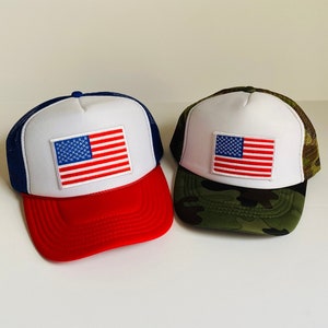 American Flag Patch Camo/White Matching Adult and Toddler/Kids Trucker Hat, Red White and Blue Foam Front Trucker Hat, 4th of July