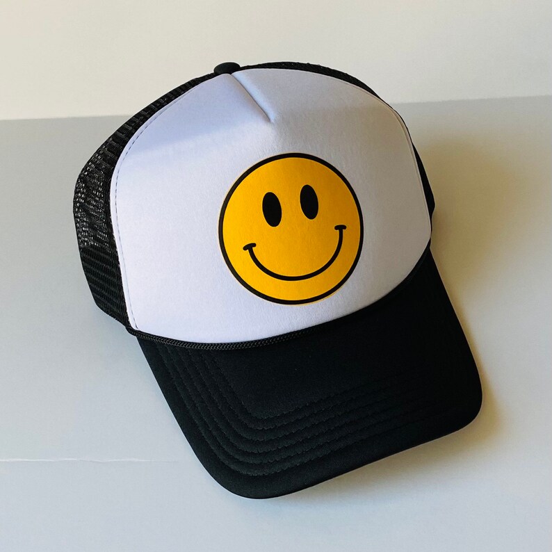 Smiley Face Printed Black and White Trucker Hat Etsy