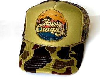 Happy Camper Camo/Light Olive Front Trucker Hat/Camping Hat