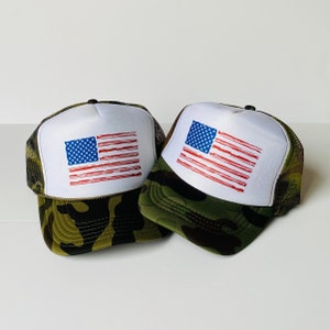 American Flag Camo/White Matching Adult and Toddler/Kids Trucker Hat, Red White and Blue Foam Front Trucker Hat, 4th of July