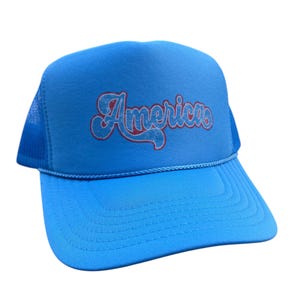 America on Light Blue Foam Front Trucker Hat 4th of July, America, 4th of July Baseball Hat