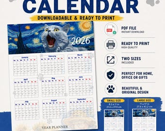 Utskrivbar väggkalender för katter 2026–2028 | Van Gogh-inspirerad konst | Digital nedladdning | 3-årig månadsplanerare | Direkt nedladdning i PDF-format