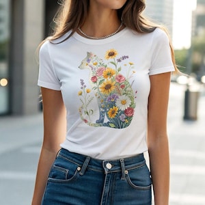 花柄猫Tシャツ - かわいいボヘミアン猫のイラストと花、気まぐれな動物の装飾、猫好きへのギフト