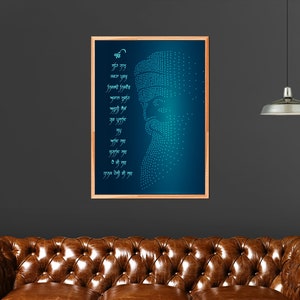 May include: A framed print with a blue background and a white outline of a person's face. The face is made up of small white dots. The print has text in a foreign language on the left side.