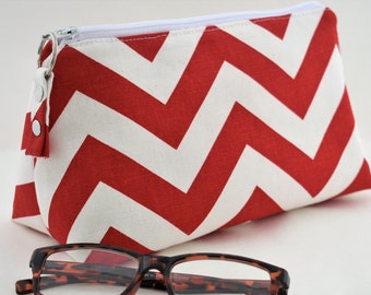 Flat Bottomed Zippered Pouch- Red Chevron Fabric