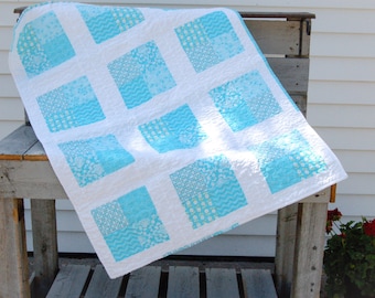 Handmade Baby Quilt in Aqua, Teal and White