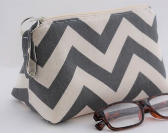 Flat Bottomed Zippered Pouch- Grey and Ivory Fabric