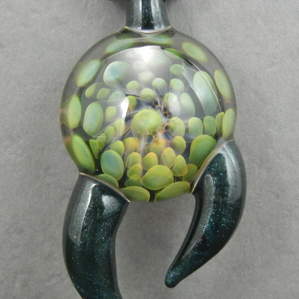Boro Glass Pendant Bead Fume Implossion Gold Green Sparkles Horns --Dan Rushin