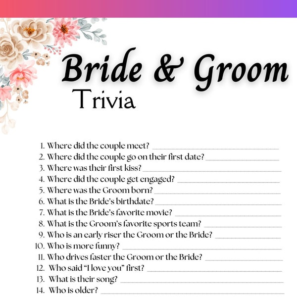 Bride and Groom Trivia Game Printable Bridal Shower Games Questions ...