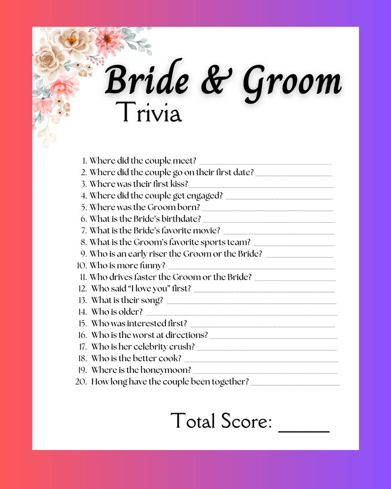 Bride and Groom Trivia Game Printable Bridal Shower Games Questions ...