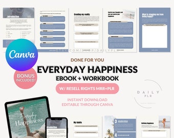 Everyday Happiness Ebook, DFY Guide Template, MRR + PLR, Master Resell Rights, Self Love Workbook Template, Life Coach Template, Self Growth