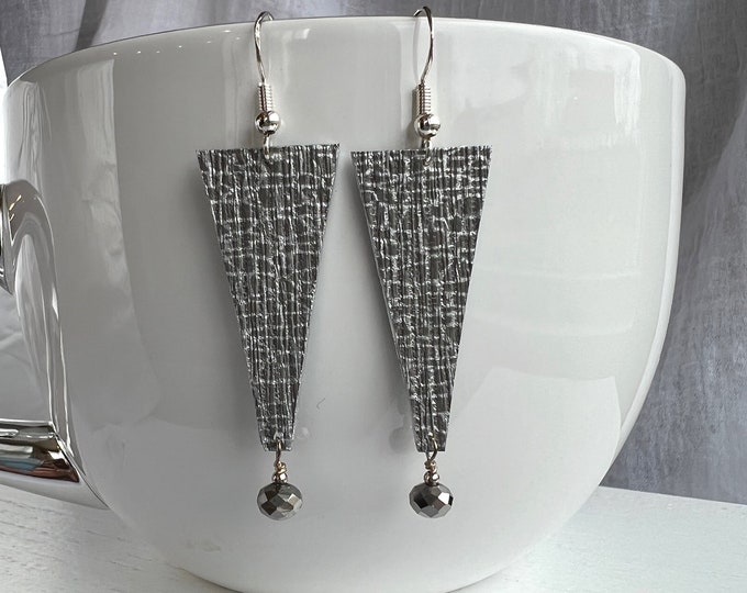 Long Triangular Silver and Grey Wallpaper Earrings