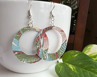 Colorful Leaf Print Wallpaper Hoop Circle Earrings