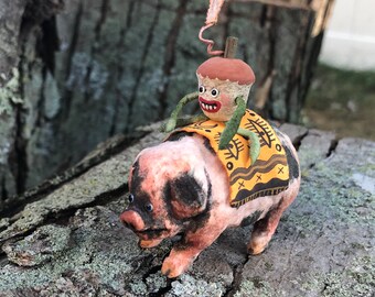 Pig with Acorn Rider Spun Cotton Decoration
