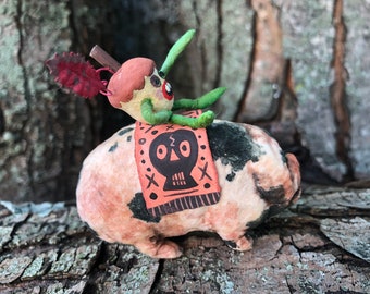 Pig with Acorn Rider Spun Cotton Decoration