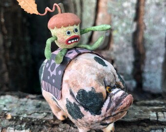 Pig with Acorn Rider Spun Cotton Decoration