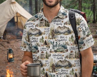 Bigfoot Hawaiian Shirt, Camping Sasquatch Shirt, Funny Summer Vacation Shirt, Outdoor Adventure Aloha Shirt Gift for Him
