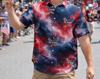 American Patriotic Hawaiian Shirt, 4th of July Outfit, USA Flag Eagle Shirt, Independence Day Matching Shirts, Summer Beach Party Shirt